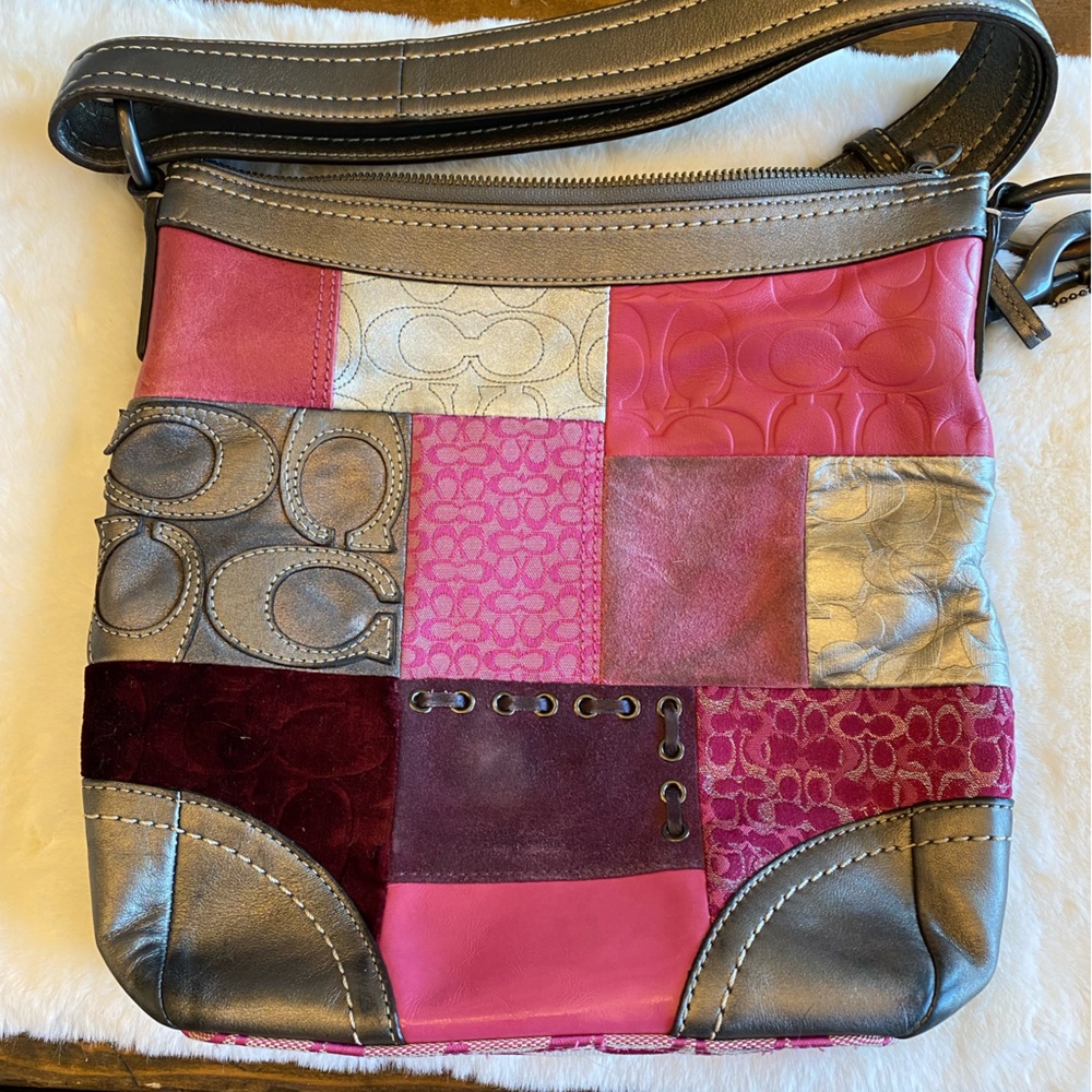 Coach Pink and Silver Crossbody Bag with Artistic Patchwork
